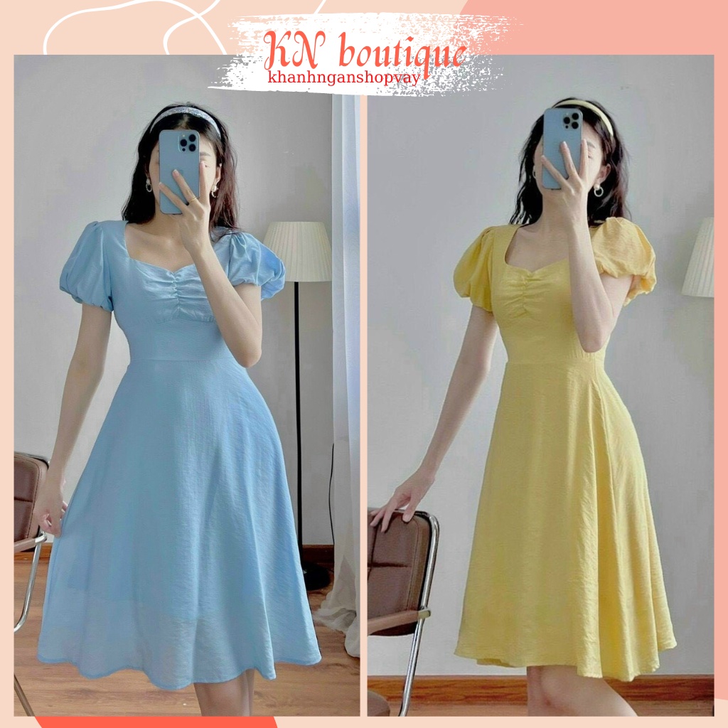 Váy mùa hè nữ đầm nữ dự tiệc sexy váy vàng dạo phố công sở ngực nhún dáng xòe năng động KN Boutique