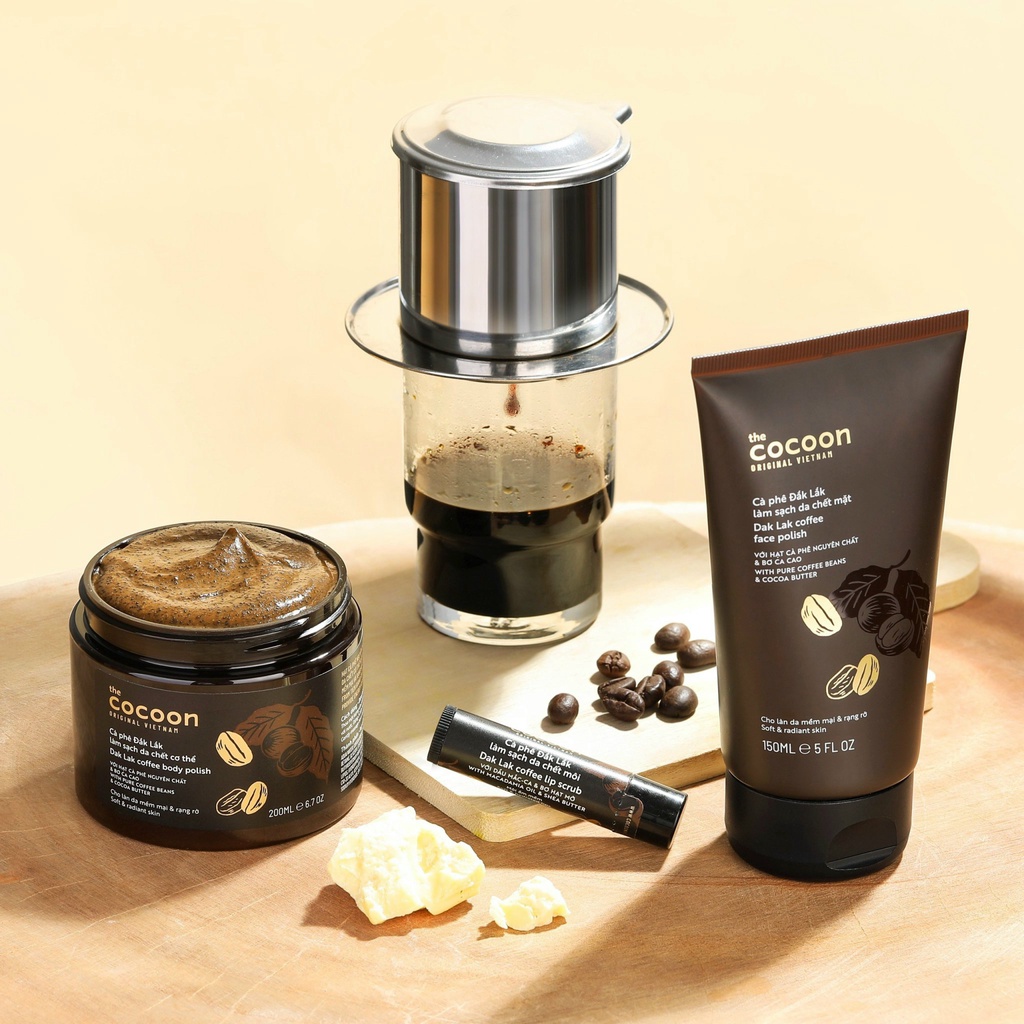 Combo tẩy tế bào chết cà phê Đắk Lắk Cocoon, tẩy da chết cơ thể, mặt tặng tẩy da chết môi cho làn da mềm mại - HUNOXA