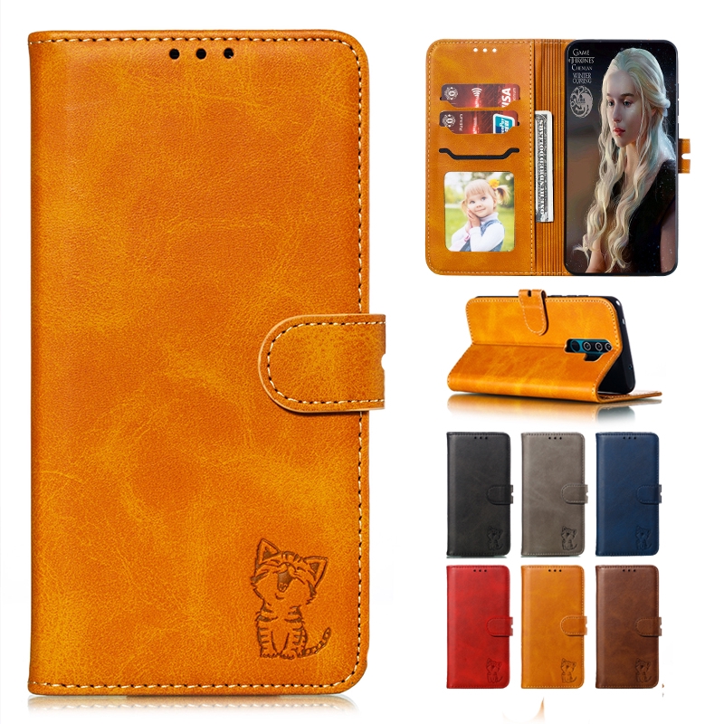 Xiaomi Redmi K30 20 Note 8 7 Pro 8T 7A Leather Case Cat Imprint Bracket Flip High Quality Cover Casing