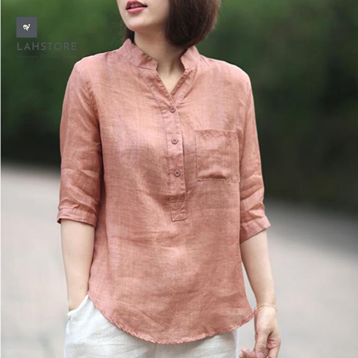 Áo Sơ Mi Nữ LAHSTORE Chất Đũi Tay Lỡ Cổ Tàu Bổ Trụ ASMDN02 (Hồng/Xanh)