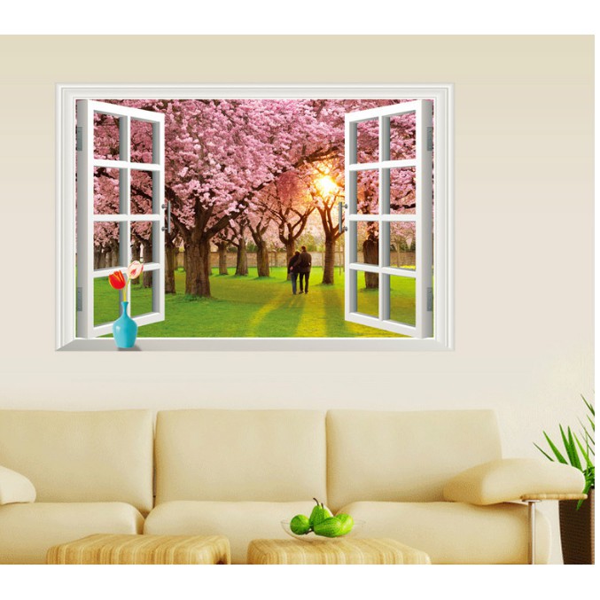 Decal trang trí cửa sổ 3D hoa đào và đôi tình nhân ( Kèm Video thật )
