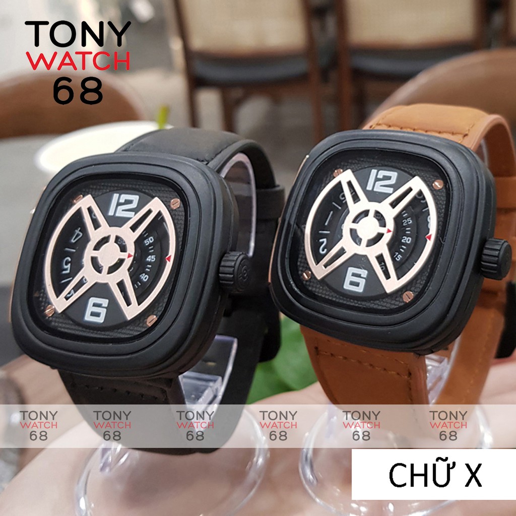 Đồng hồ nam Friday mặt vuông dây da kiểu dáng độc lạ chính hãng Tony Watch 68