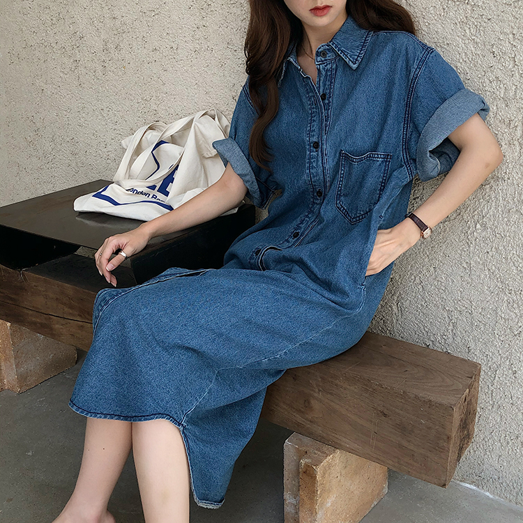 Đầm Sơ Mi Denim Tay Ngắn Cổ Cao Phong Cách Retro 36006 Dành Cho Nữ