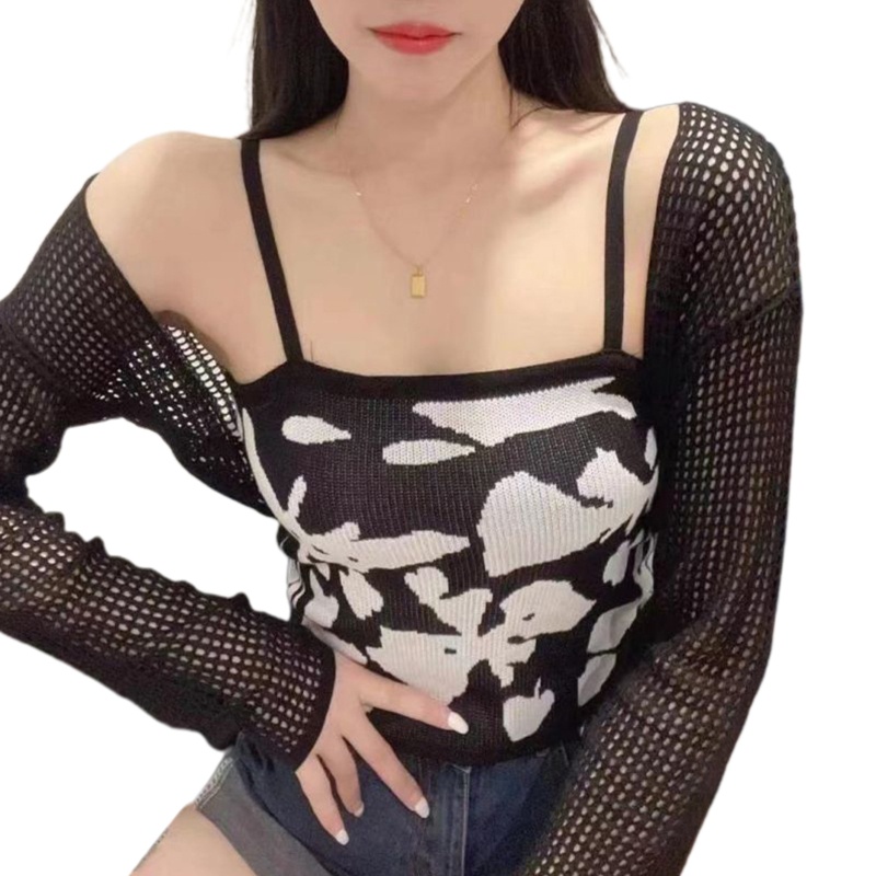 Set Áo Croptop Tay Dài In Họa Tiết Bươm Bướm + Áo Khoác Cardigan Thời Trang Cho Nữ