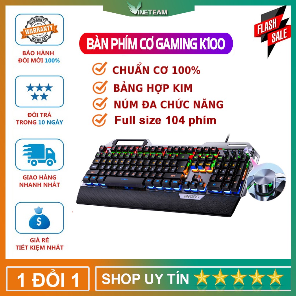 Bàn phím cơ giá rẻ k100 full size chuyên game cho gamer Pubg, Led rainbow 12 chế độ với 4 nút đa phương tiện -dc4389