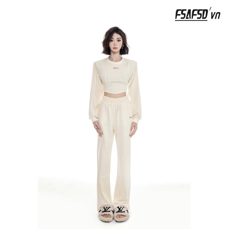 Set Đồ Thể Thao Gồm Quần Dài Ống Rộng Lưng Cao Kiểu Dáng Đơn Giản Năng Động Thời Trang