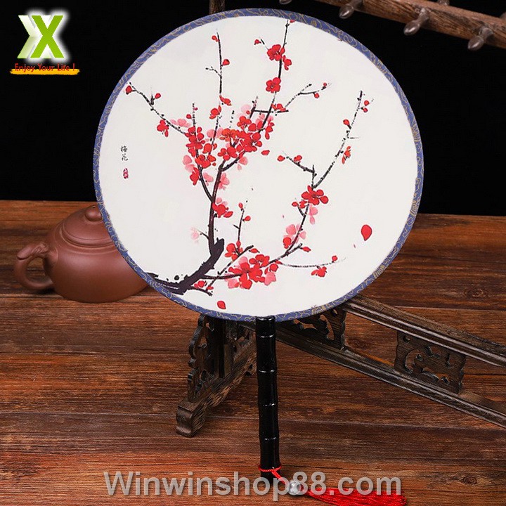 Quạt tròn cổ trang hoa mai đỏ loại nhỏ đường kính 21cm - Muasamhot1208