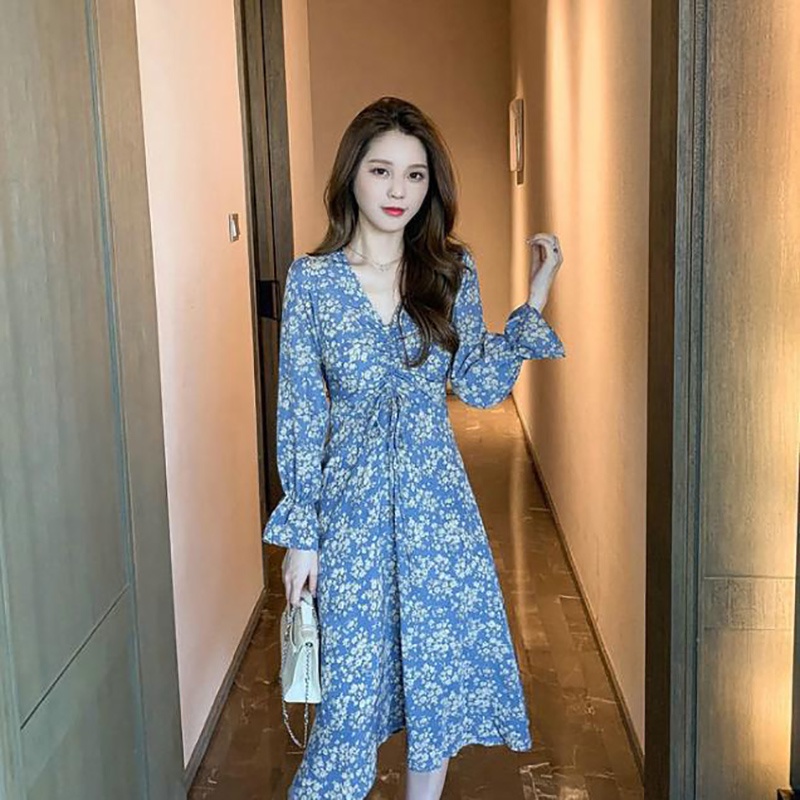 IELGY Đầm Voan Hoa Dài Tay Cổ Chữ V Nhấn Eo Cao Xinh Xắn Dành Cho Nữ