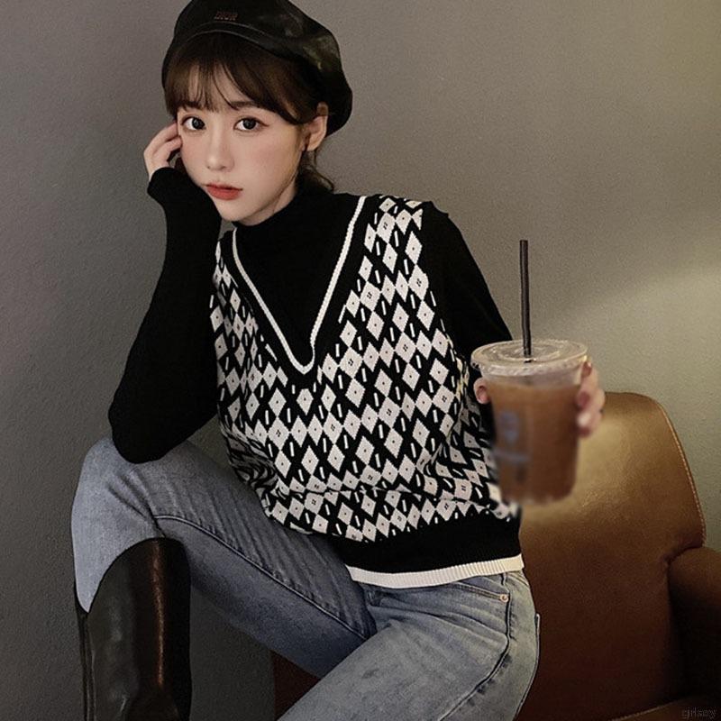 Áo len nữ sát nách cổ chữ V phong cách Hàn Quốc retro