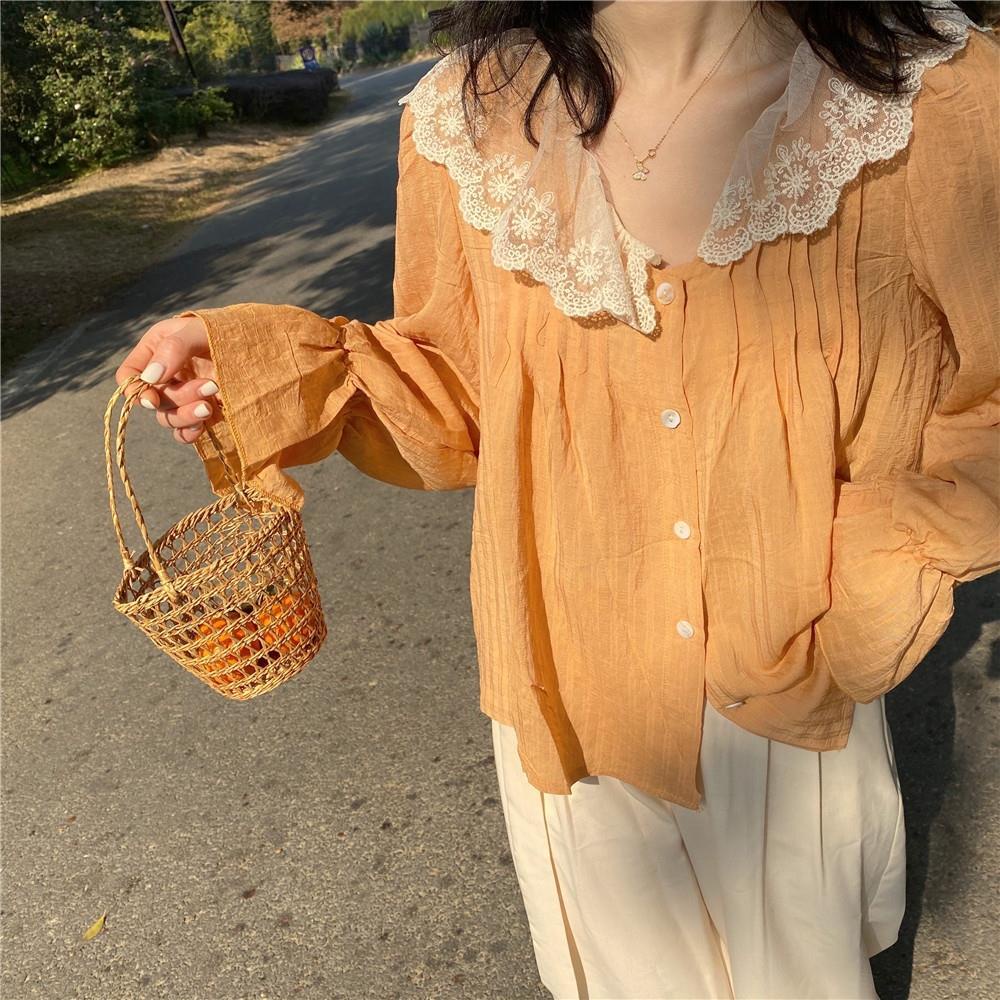 Áo kiểu BH tay dài phối ren hoa thiết kế dáng rộng thoải mái