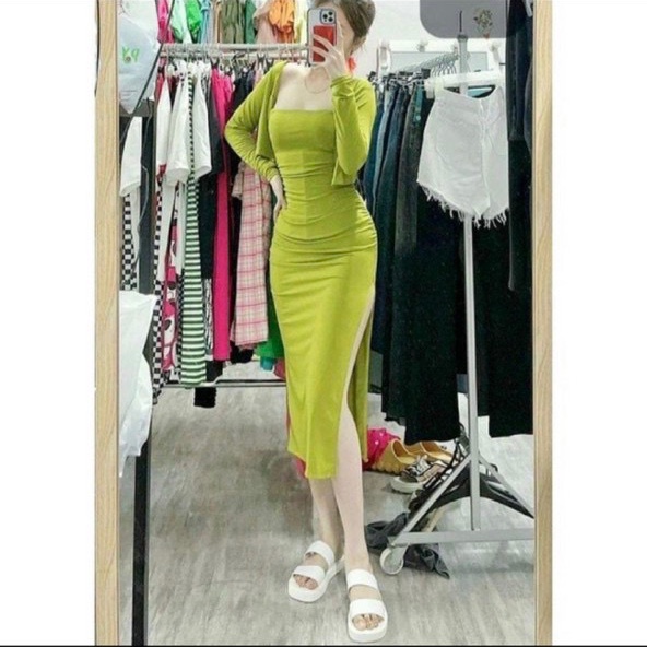 Set đầm body nữ 2 món đầm ống dáng dài xẽ tà kèm áo khoác tay dài chất thun gân hot 72