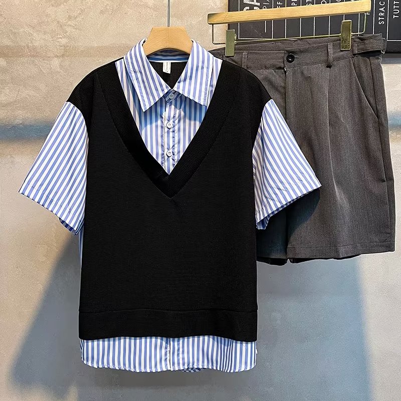 Áo Sơ Mi Giả Hai Lớp Tay Ngắn Dáng Rộng Thời Trang Mùa Hè Hàn Quốc 2022