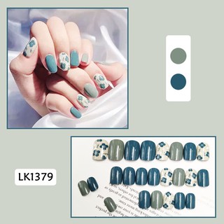 [Không keo] Set 24 móng tay giả ngắn MÀU XANH HOA ĐẬU thiết kế thời trang MỚI