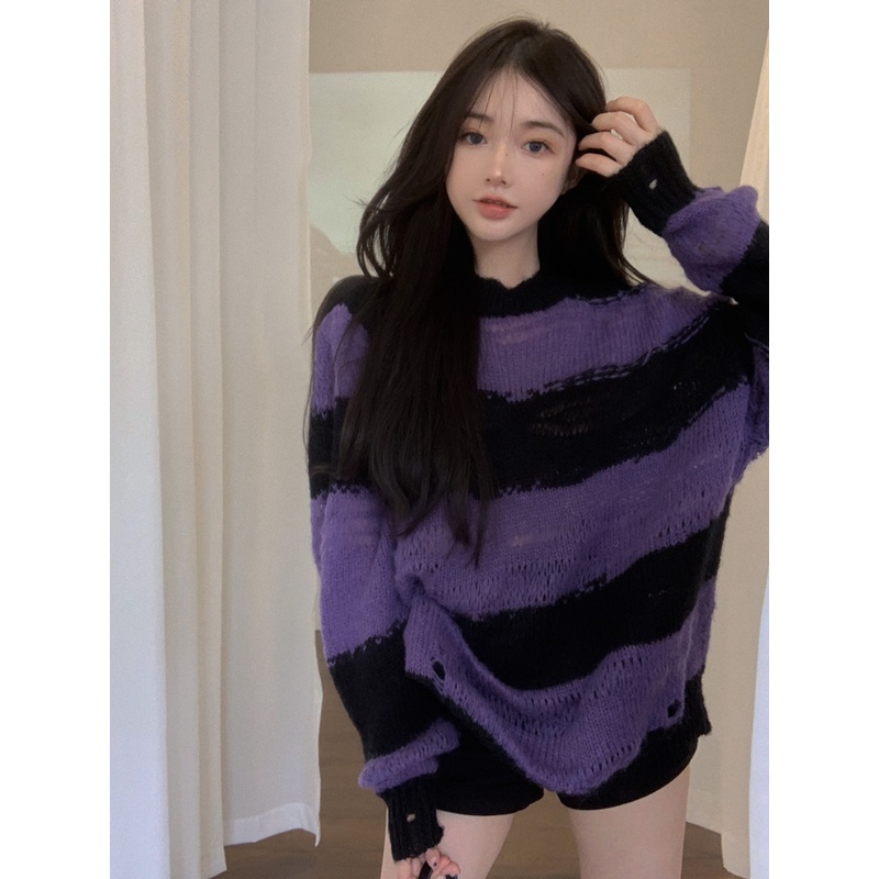 Áo Dệt Kim Mỏng Dáng Rộng Họa Tiết Kẻ Sọc Rỗng Thời Trang Hàn Quốc