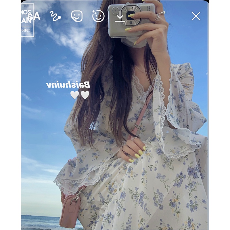 Váy voan hoa trắng xanh MORAN phối bèo ống tay rộng xòe đuôi cá điệu đà bánh bèo