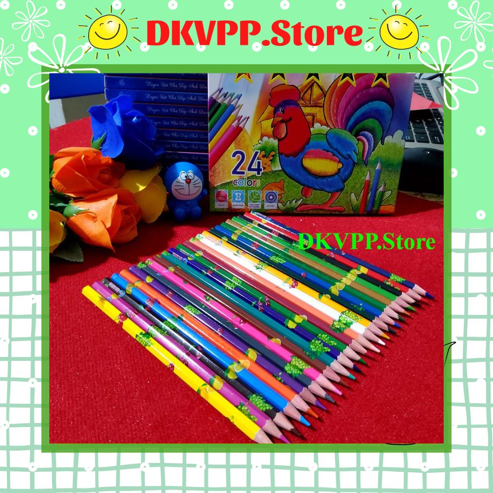 Hộp bút chì 24 màu Con Gà Trống Ánh Dương DKVPP.Store Chì gỗ lục giác 2,8mm Viết Tô màu, Vẽ tranh đẹp cho bé trên 3 tuổi