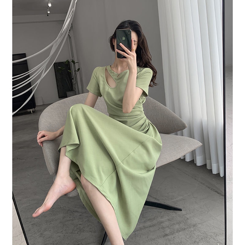 Đầm dài tay ngắn màu xanh lá phong cách Pháp thời trang mùa hè mới cho nữ