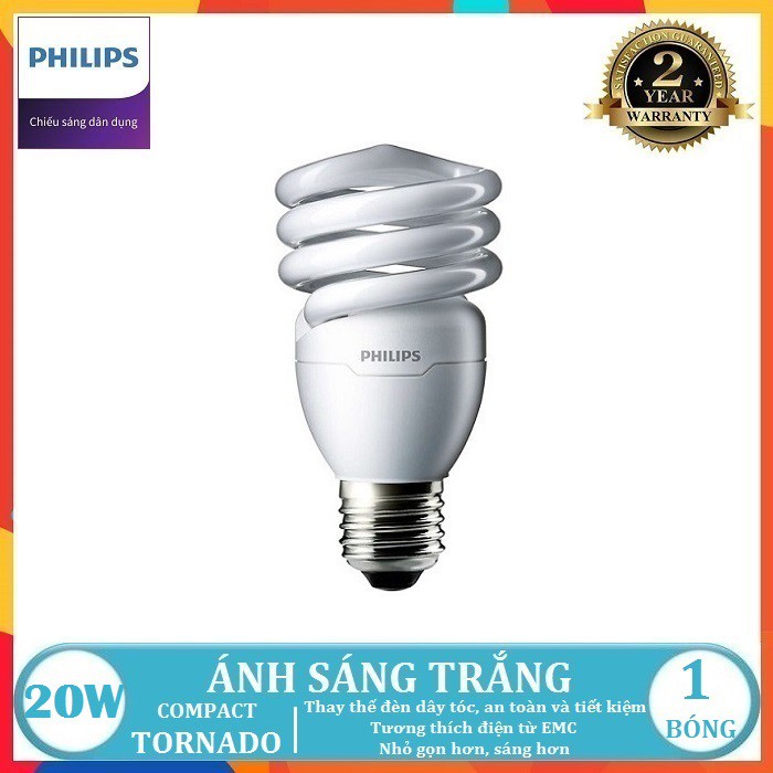 BÓNG ĐÈN HUỲNH QUANG COMPACT PHILIPS TORNADO 20W E27 DẠNG XOẮN ( TIẾT KIỆM ĐIỆN - 2 MÀU ÁNH SÁNG LỰA CHỌN TRẮNG - VÀNG )