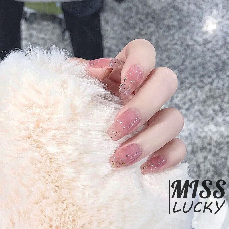 Bộ 24 Móng Tay Giả Dáng Dài Đính Kim Tuyến Màu Hồng Cho Nữ