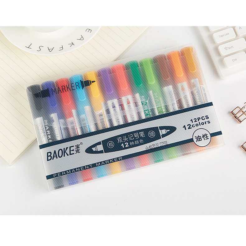 BAOKE-Set 12 Màu Bút Marker Đánh Đấu 2 Đầu-MP210