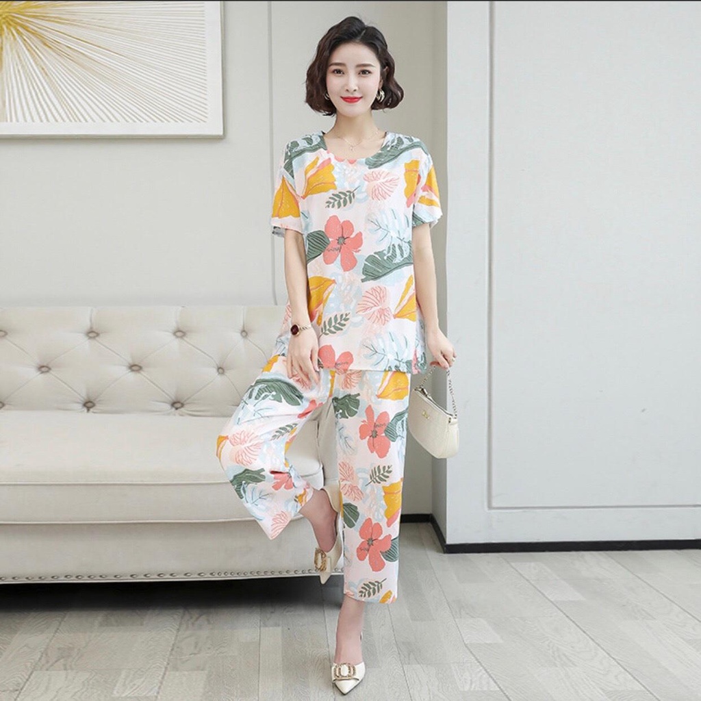 Đồ Bộ Nữ Trung Niên Vải Lanh Lụa Tay Ngắn Quần Dài - Set Bộ Mặc Nhà Trung Niên Cho Mẹ Cao Cấp