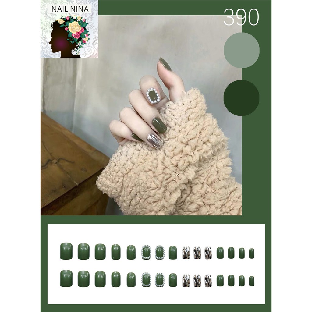 Bộ 24 móng tay giả Nail Nina màu xanh nước đá ngọc trắng mã Z-390 【Tặng kèm dụng cụ lắp】