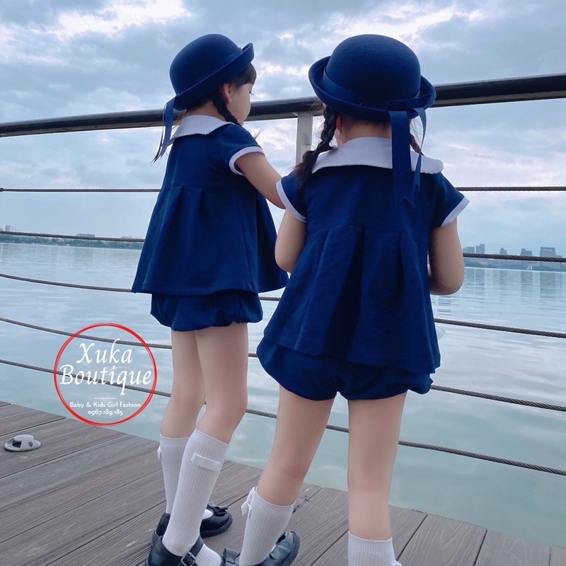 Set Quần Áo Mùa Hè Bé Gái Style Hải Quân SOFT COTTON Cao Cấp 2022 Áo váy cộc tay kèm quần trẻ em