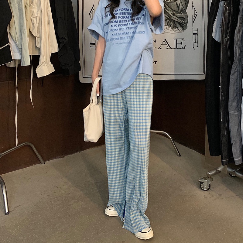 Quần Dài Lưng Cao Ống Rộng Thiết Kế Xẻ Tà Họa Tiết Sọc Caro Thời Trang