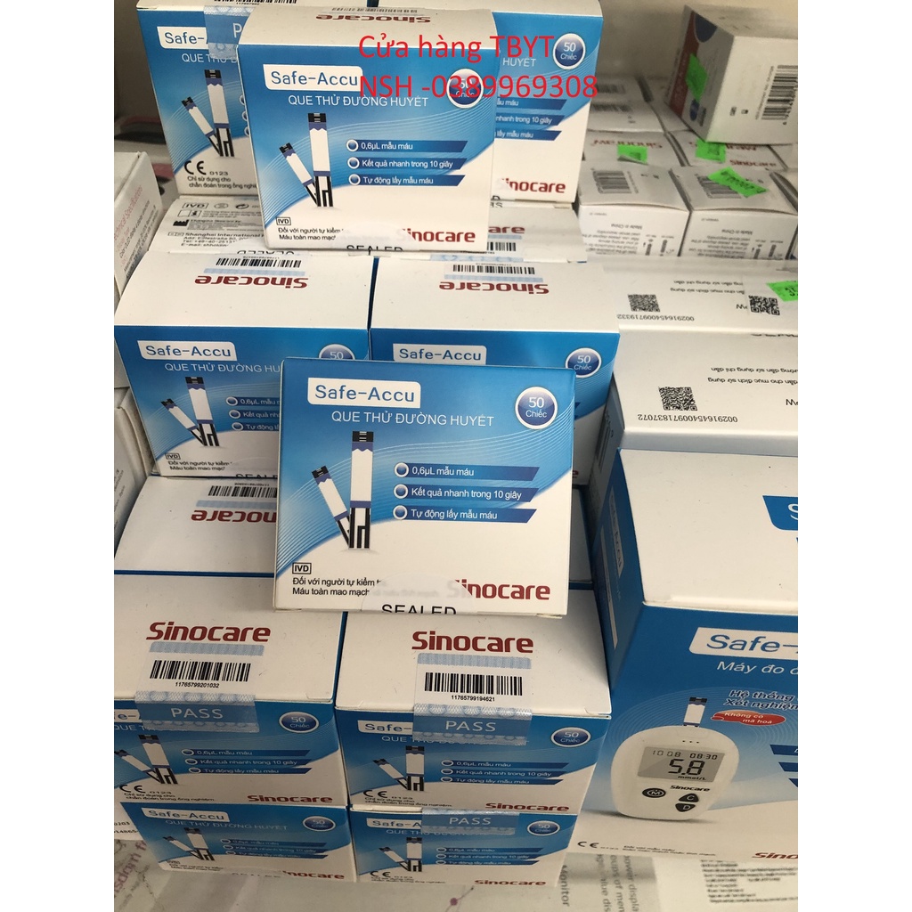 Hộp 50 que thử đường huyết SINOCARE Safe-Accu,Que TEST Thử Đường Huyết +kim lấy chích máu đường huyết Safe Accu SINOCARE