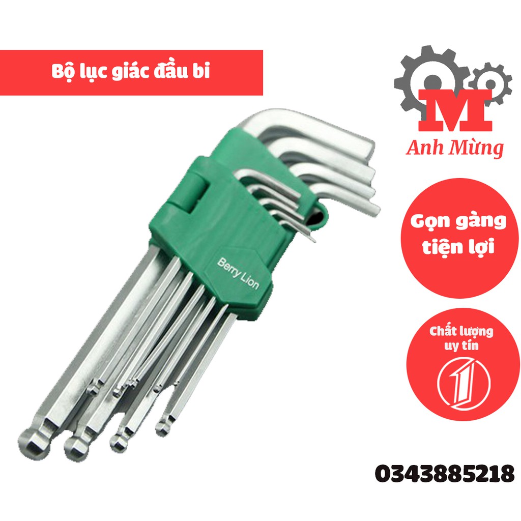 Bộ lục giác đầu bi chữ L dài Berry Lion, dụng cụ sửa chữa đa năng 9 cây 1 bộ