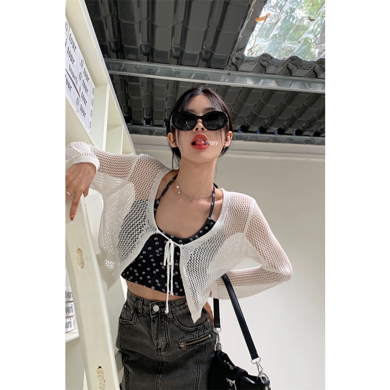 QADCOL  Áo khoác ren QADCOL dệt kim tay dài chống nắng thời trang mùa hè