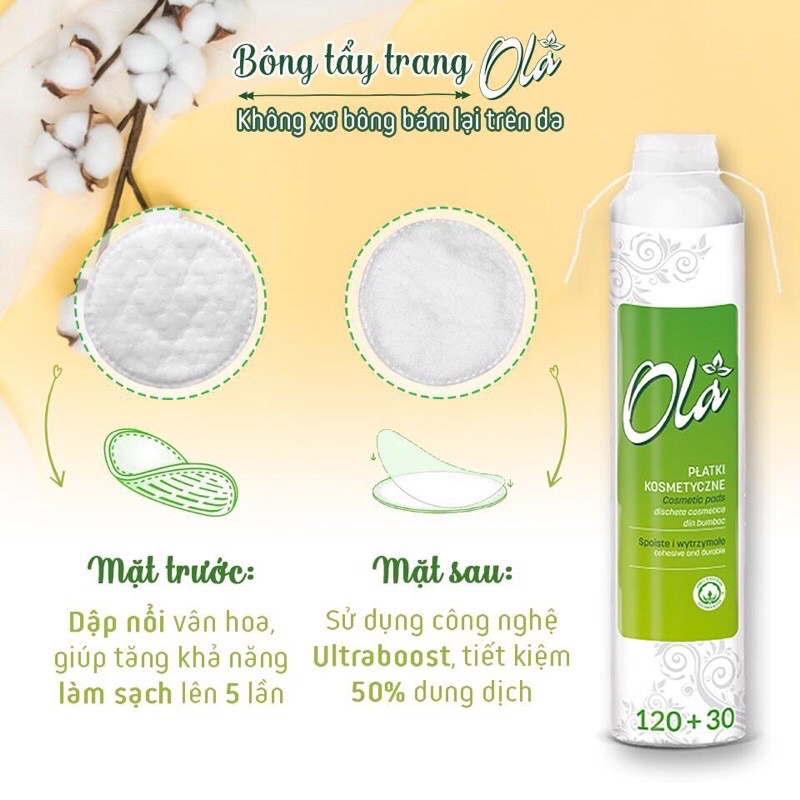 Bông Tẩy Trang Ola cotton pads 120 và 150 miếng dập viền