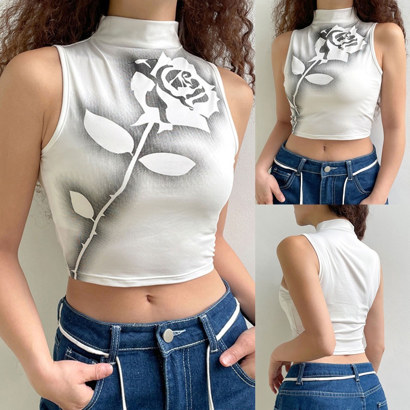 Áo Croptop Không Tay Cổ Lọ In Họa Tiết Hoa Hồng Phong Cách Harajuku Cổ Điển Dành Cho Nữ
