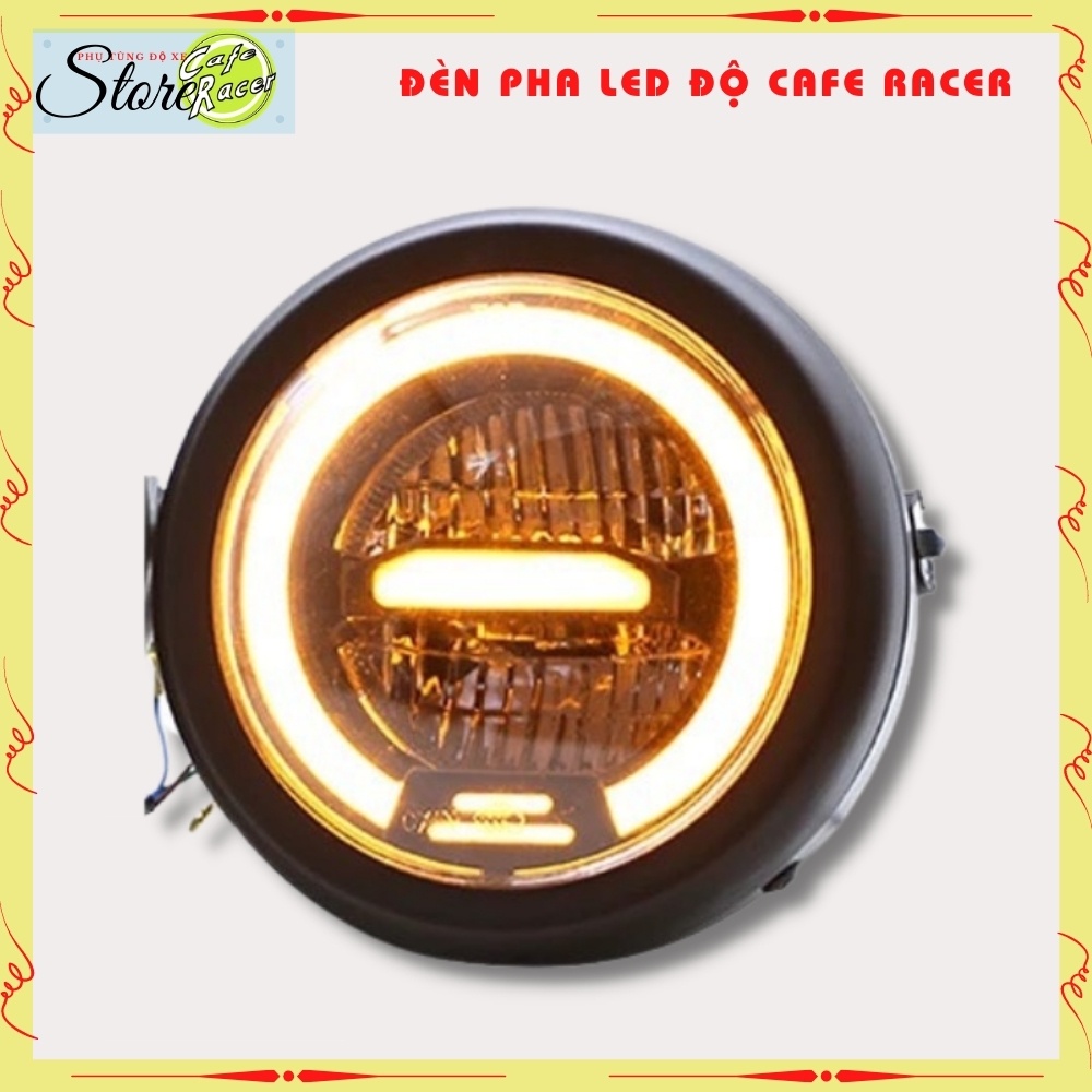 Đèn pha led cao cấp , đèn led pha độ xe máy CAFE RACER gáo sắt sơn đen mặt kính trong suốt