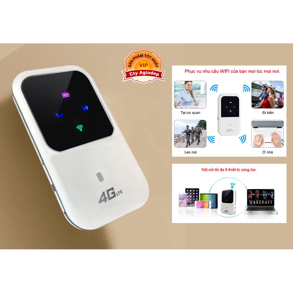 Bộ phát sóng wifi 4G từ sim- Cục phát wifi mini cầm tay -Phát wifi 4G AGD LTE Hàng hiệu ,tốc độ cực cao 150 Mbps