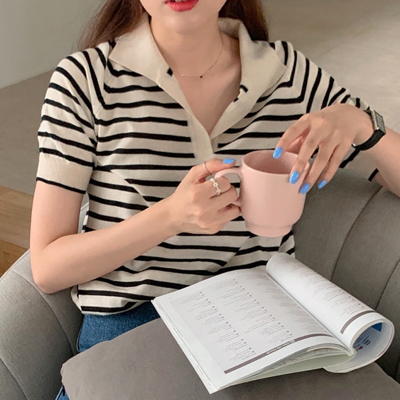 QADCOL Áo thun tay ngắn họa tiết kẻ sọc thời trang cho nữ