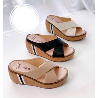 Dép đế xuồng dép quai chéo nữ da thật cao 7cm