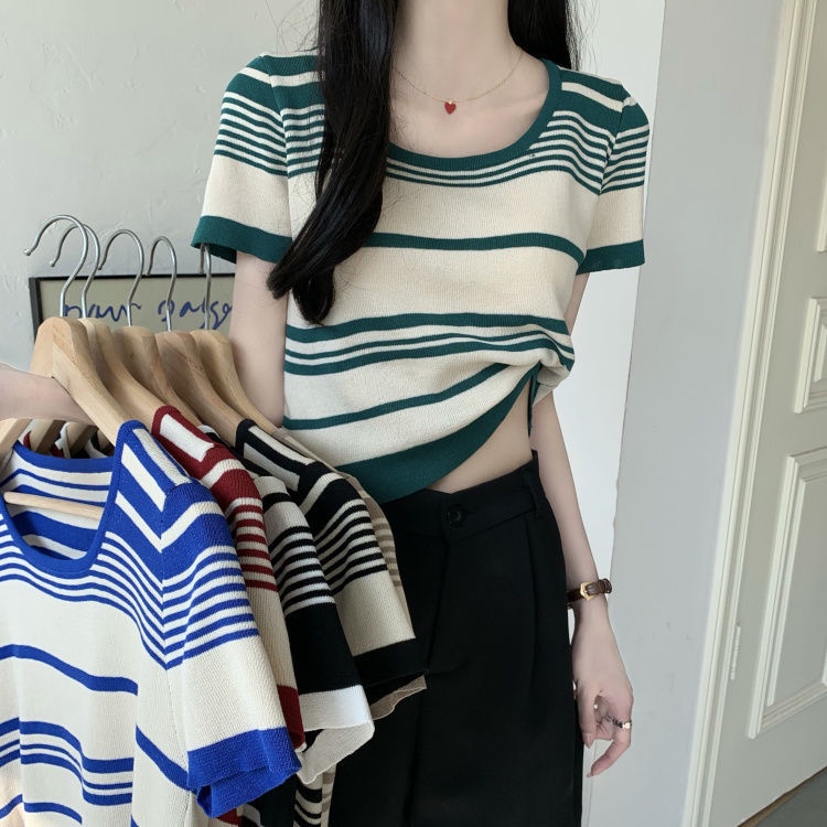 Áo Thun Nữ Tay Ngắn Kẻ Sọc Ngang Thời Trang Hàn Quốc
