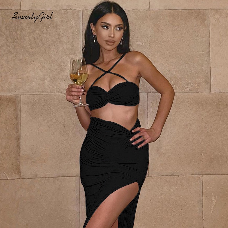 Bộ Áo Ống + Chân Váy Xẻ Tà Màu Trơn Thời Trang Quyến Rũ Cho Nữ 2022