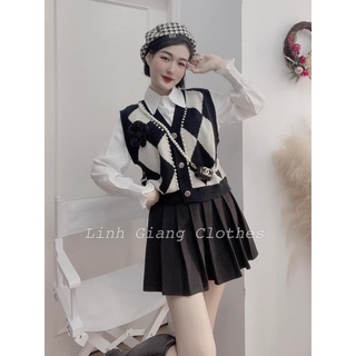 Set váy sơ mi ghile quả chám mix chân váy xếp li