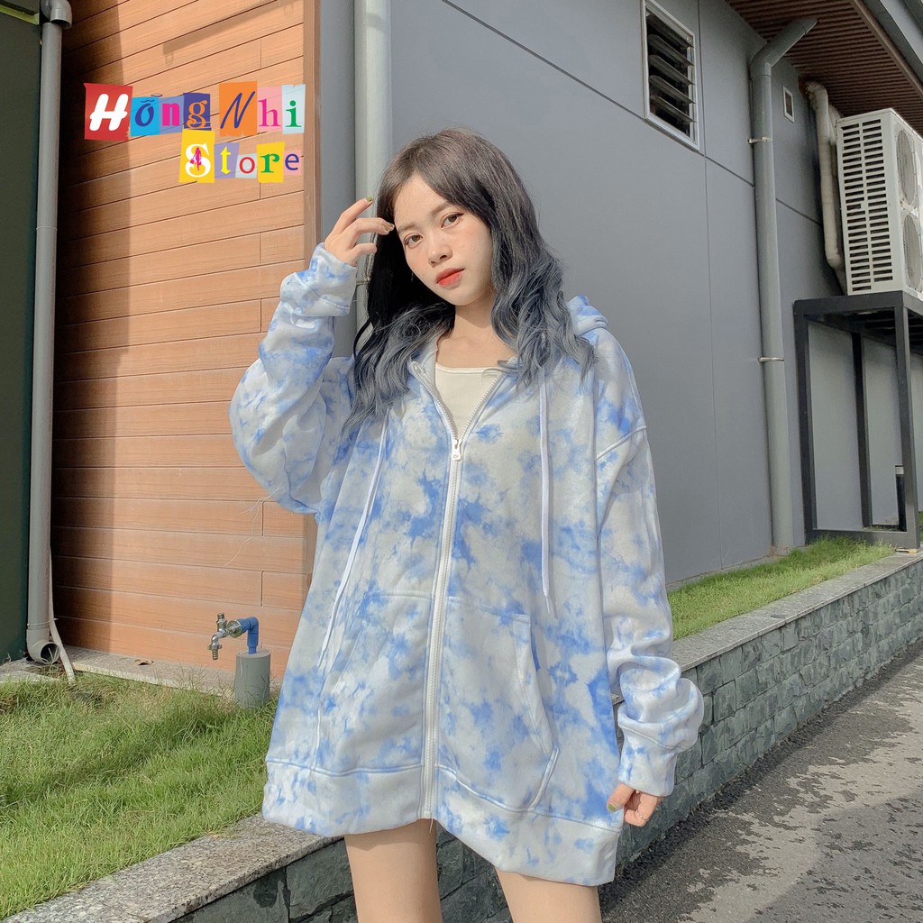 Áo Khoác Hoodie Zip 3D Oversize Ulzzang Unisex Loang Màu Xanh Dáng Rộng - MM