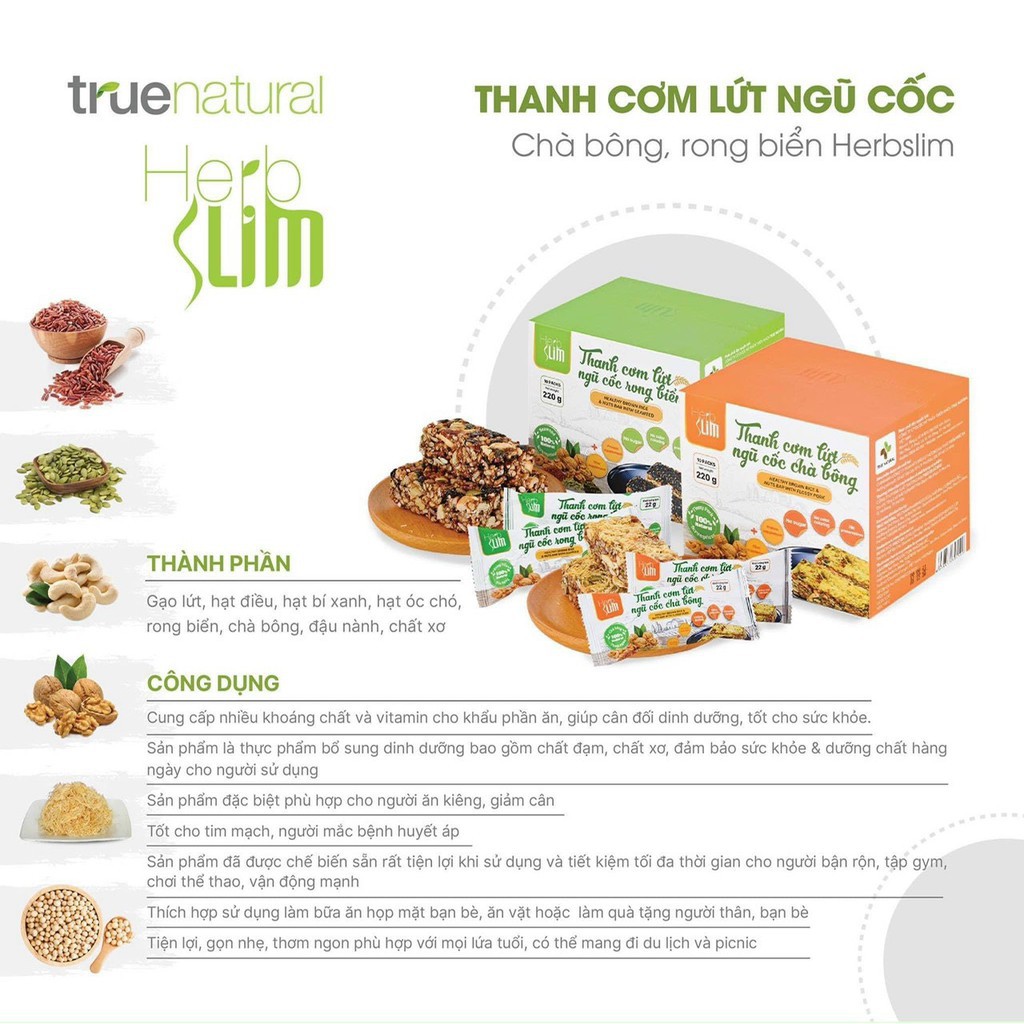 [Sẵn SLL] Thanh Cơm Gạo Lứt Ngũ Cốc HerbSlim Full Hộp 10 Gói - Gạo Lứt Chà Bông Gạo Lứt Rong Biển