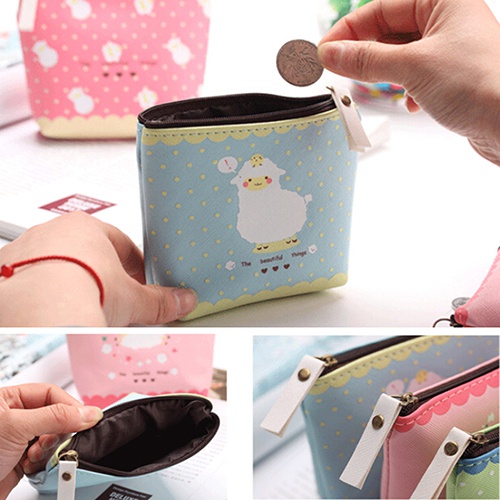 Ví Da PU Đựng Tiền Xu Hình Cừu Con Có Khóa Kéo Cho Bé Gái