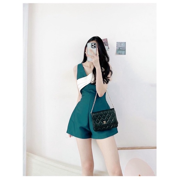 JUMPSUIT SÁT NÁCH PHỐI NƠ NGỰC TRẮNG XẾP LY