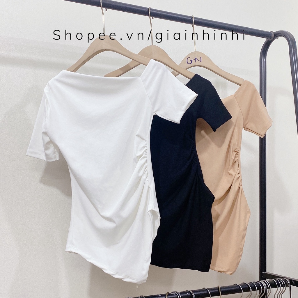 Áo thun kiểu lệch vai vạt nhọn, Áo kiểu ngắn tay vai lệch vải cotton co giãn AK601 - NhiNhi Shop