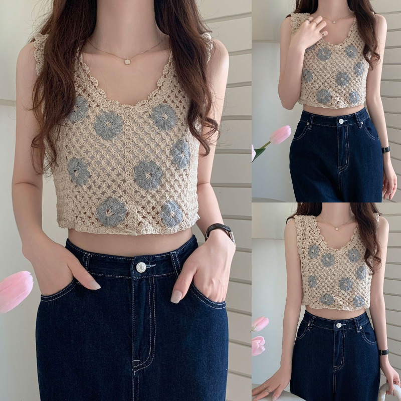 Áo Croptop Dệt Kim Không Tay Cổ Chữ V Thêu Hoa Khoét Rỗng Phong Cách Hàn Quốc Cho Nữ