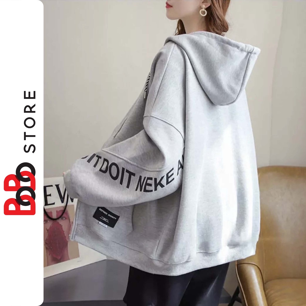 Áo khoác nỉ ngoại NHJE có in chữ dọc theo tay áo khóa zip form rộng dành cho nữ nam - BoBo Store