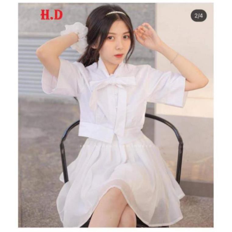 [QUÀ TẶNG 1C KHẨU TRANG]Đầm Trắng nữ dự tiệc, đi chơi💝 Set váy Áo sơ mi nơ cổ chân váy xòe  tiểu thư tôn dáng- Bilshop17 | BigBuy360 - bigbuy360.vn