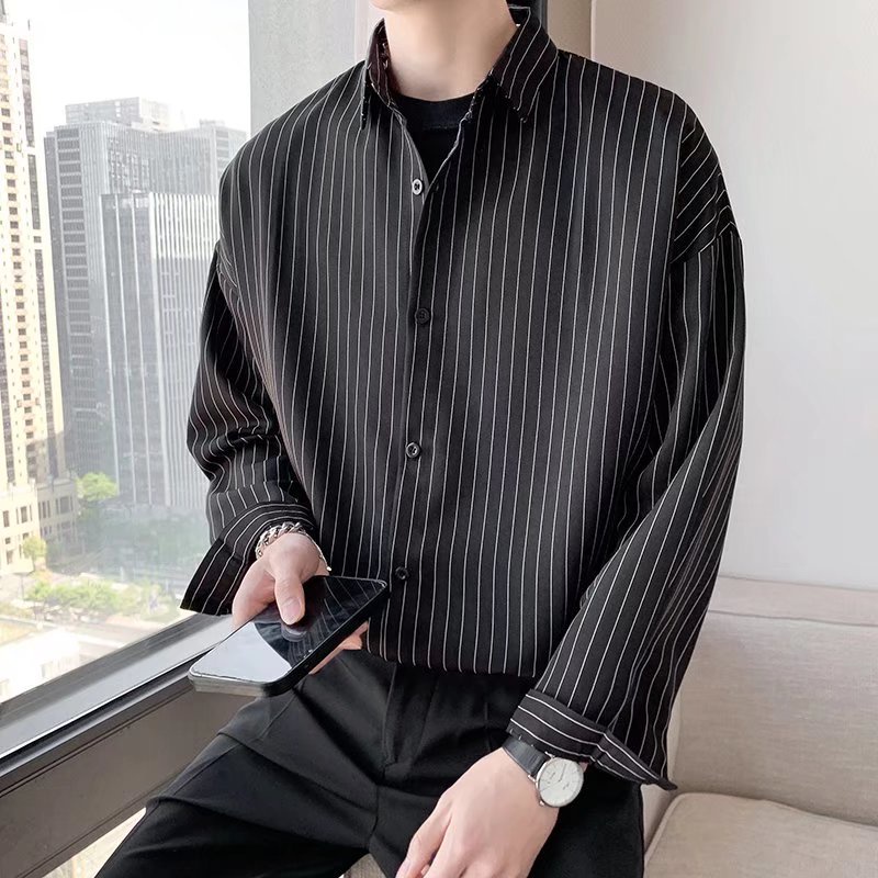 Long Sleeve Shirt Loose Black Plaid Pattern Korean Style Luxury Summer Fashion For Men