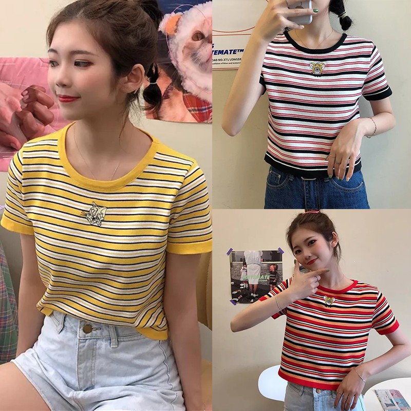 Áo Thun Tay Ngắn Kẻ Sọc Hoạ Tiết Hoạt Hình Đáng Yêu